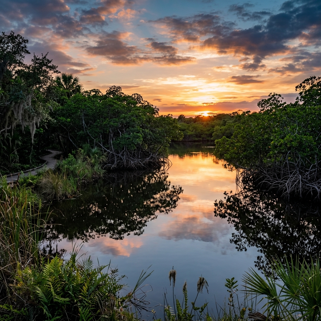 Scenic wetland and tropical forest landscape of Kumana National Park at sunset